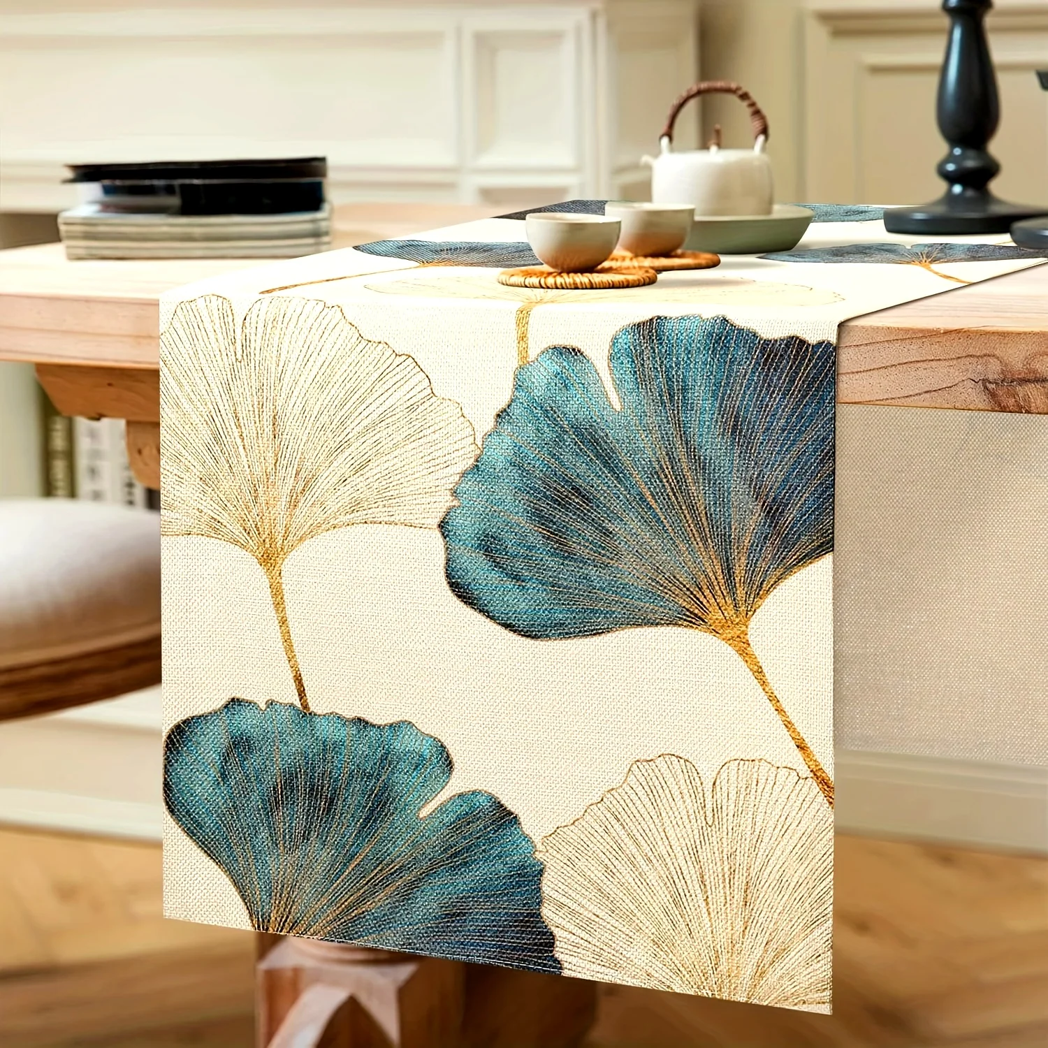 Durable Table Runner Rectangular Table Cover With Teal Gold Silver Ginkgo Leaf Pattern Rustic Style Farmhouse Table Decoration