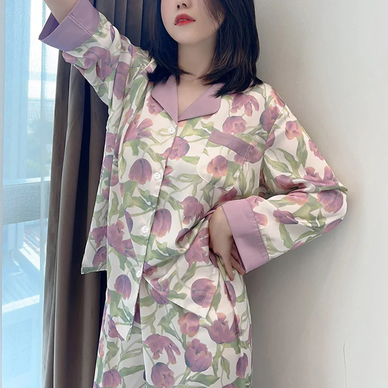2Pcs/set plus size ladies pyjamas set ice silk student home wear cardigan lapel long sleeve long trousers girls women's clothes
2Pcs/set plus size ladies pyjamas set ice silk student home wear cardigan lapel long sleeve long trousers girls women's clothes