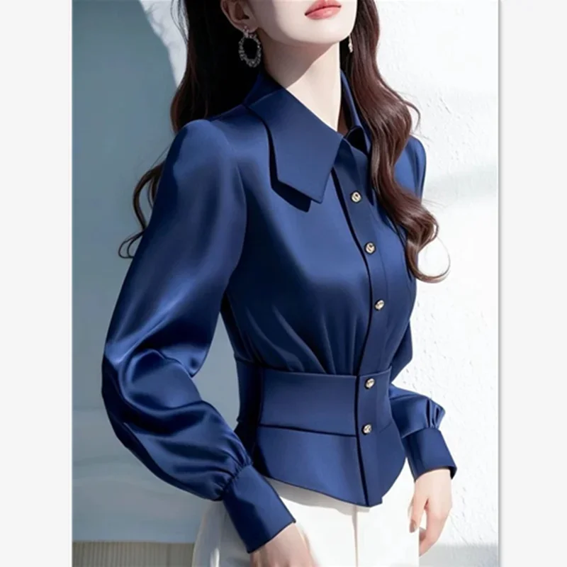 New Spring Elegant Satin Shirt Women Fashion Lapel Single Breasted Long Sleeve French Shirts Office Lady Solid Color Blouse Top
New Spring Elegant Satin Shirt Women Fashion Lapel Single Breasted Long Sleeve French Shirts Office Lady Solid Color Blouse Top