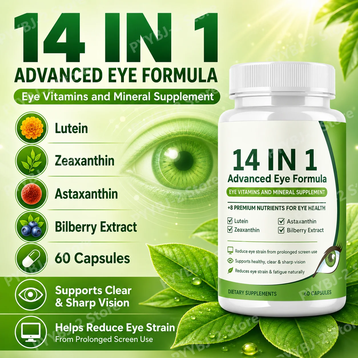 14 in 1 Eye Health Supplement 60 Capsules Contain Astaxanthin Lutein & Zeaxanthin — Relieve Daily Fatigue and Visual Comfort
14 in 1 Eye Health Supplement 60 Capsules Contain Astaxanthin Lutein & Zeaxanthin — Relieve Daily Fatigue and Visual Comfort