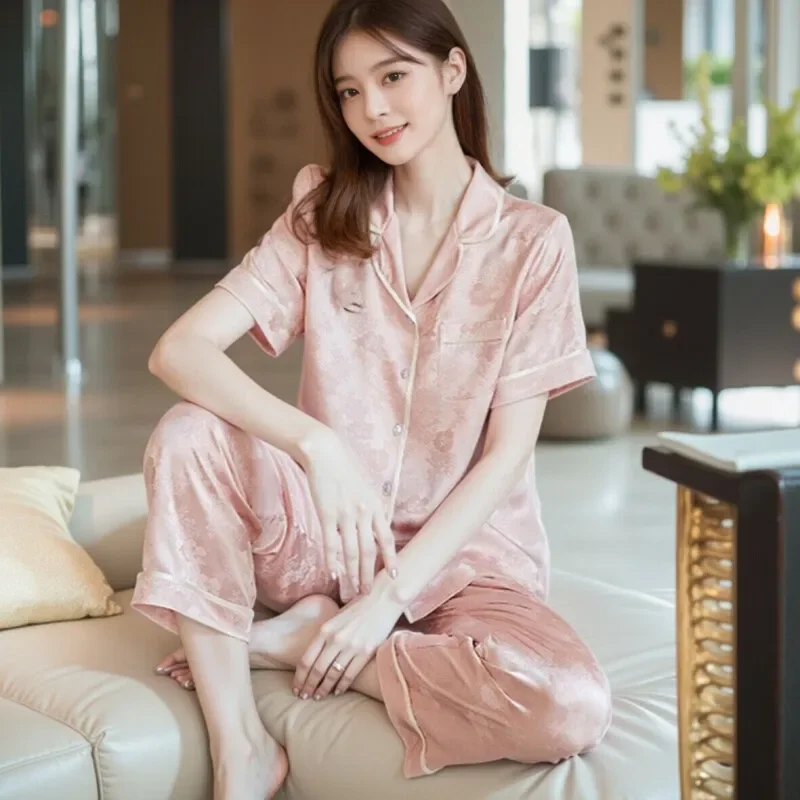 100% Mulberry Silk Short Sleeve Cardigan & Long Pants Korean Pajamas Suit Button Down Jacquard Lapel Shirt & Trousers Sleepwear
100% Mulberry Silk Short Sleeve Cardigan & Long Pants Korean Pajamas Suit Button Down Jacquard Lapel Shirt & Trousers Sleepwear