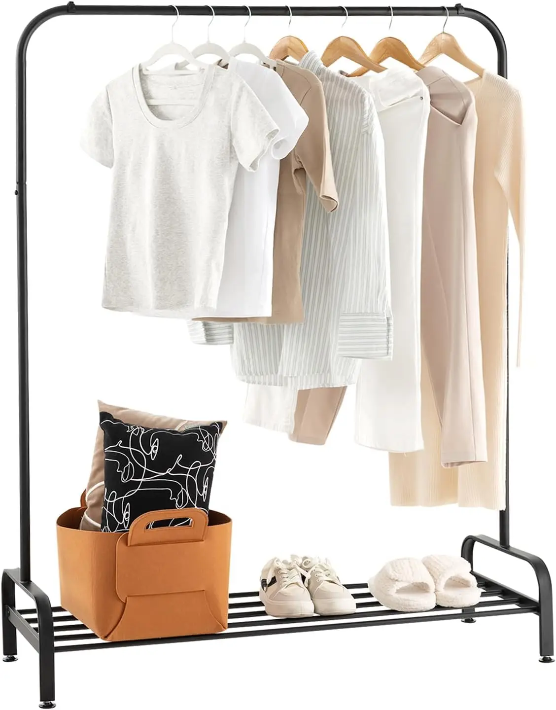 Металлическая вешалка для одежды 44 фута с верхним стержнем и полкой, регулируемыми ножками, противоскользящими зажимами, черная
Металлическая вешалка для одежды 44 фута с верхним стержнем и полкой, регулируемыми ножками, противоскользящими зажимами, черная