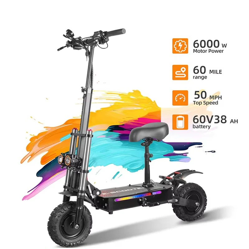 6000W High Power Adult Electric Scooter Off-Road Commute Foldable 60V 38Ah Large Battery 60 Miles Range 50 Mph Fast E-Scooter
6000W High Power Adult Electric Scooter Off-Road Commute Foldable 60V 38Ah Large Battery 60 Miles Range 50 Mph Fast E-Scooter