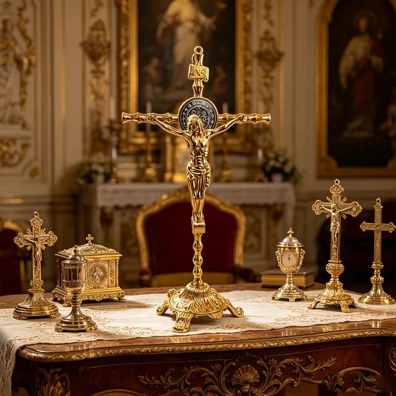 New 2026 Embossed Gold Tone Standing Crucifix with Saint Benedict Medal for Catholic Home Altar Prayer and Desktop Use Gift
New 2026 Embossed Gold Tone Standing Crucifix with Saint Benedict Medal for Catholic Home Altar Prayer and Desktop Use Gift
