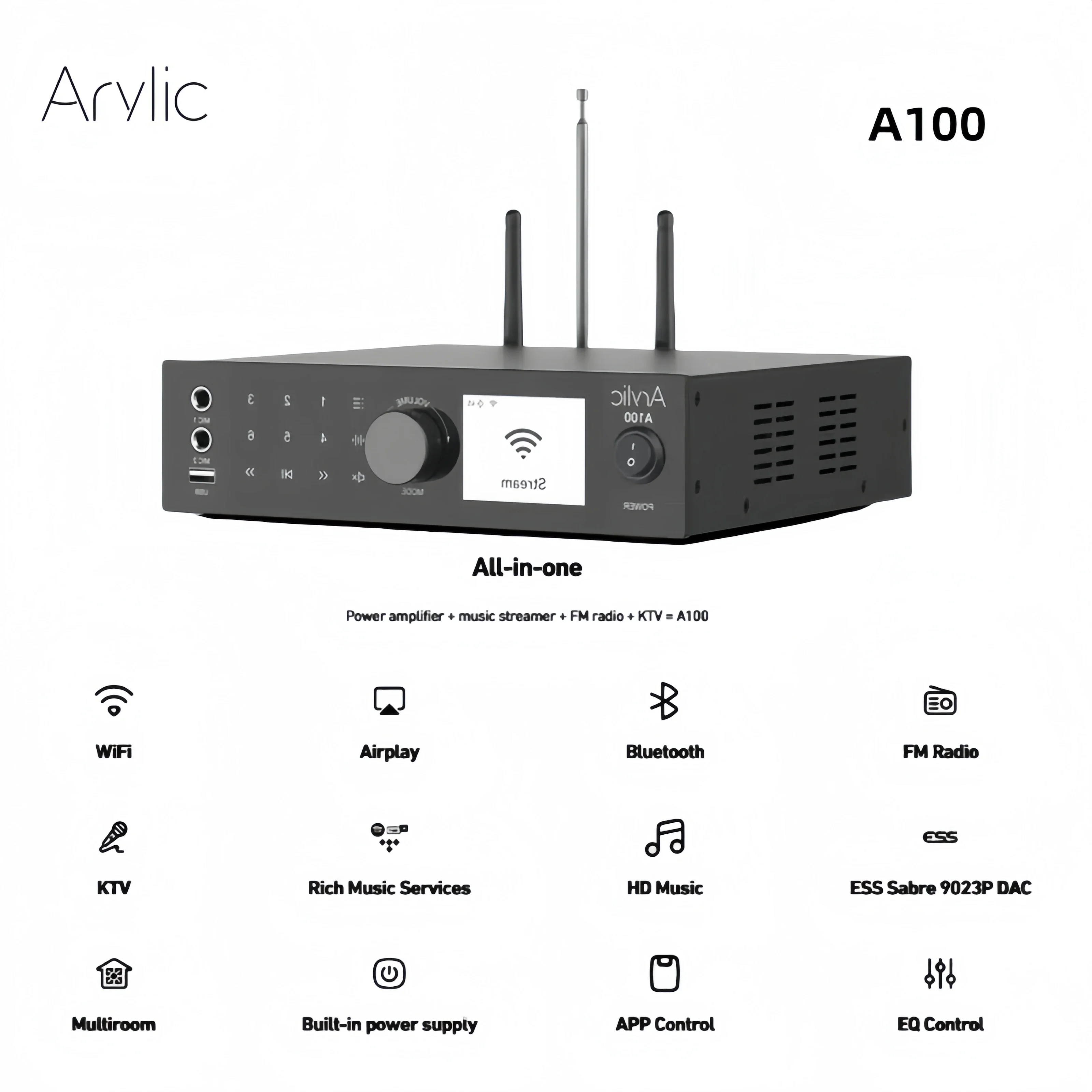 Arylic A100 100W x 2 Power amplifier music streamer FM radio KTV WiFi, AirPlay, Spotify Connect, Bluetooth wireless streaming
Arylic A100 100W x 2 Power amplifier music streamer FM radio KTV WiFi, AirPlay, Spotify Connect, Bluetooth wireless streaming