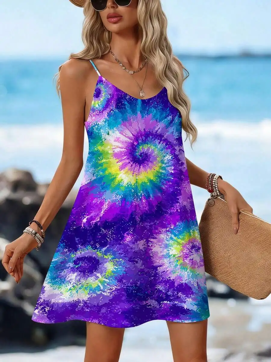 Womens Tie Dye Spiral Print V Neck Sleeveless Mini Dress Adjustable Thin Strap Beach Vacation Dress
Womens Tie Dye Spiral Print V Neck Sleeveless Mini Dress Adjustable Thin Strap Beach Vacation Dress