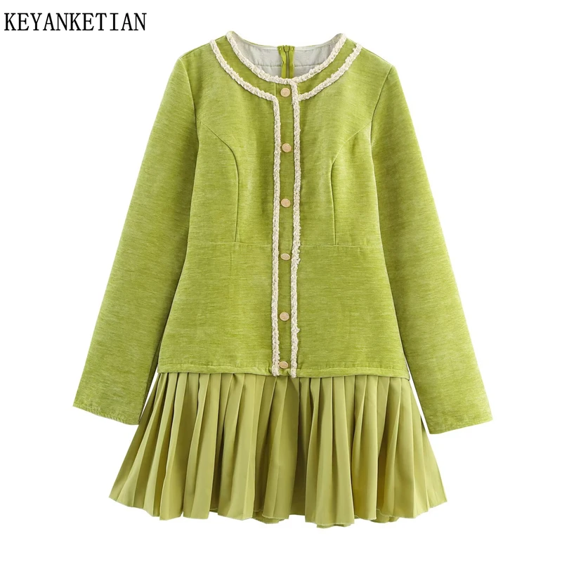 KEYANKETIAN 2025 Winter New Women's Pleated Patchwork Knitted Mini Dress Chain decoration O-Neck Long Sleeve A Line Dresses
KEYANKETIAN 2025 Winter New Women's Pleated Patchwork Knitted Mini Dress Chain decoration O-Neck Long Sleeve A Line Dresses