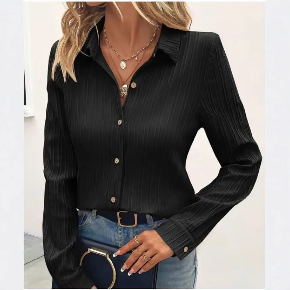 Women's Black Long Sleeve Button Down Shirt - Slim Fit Textured Collared Blouse for Office Casual Wear
Women's Black Long Sleeve Button Down Shirt - Slim Fit Textured Collared Blouse for Office Casual Wear