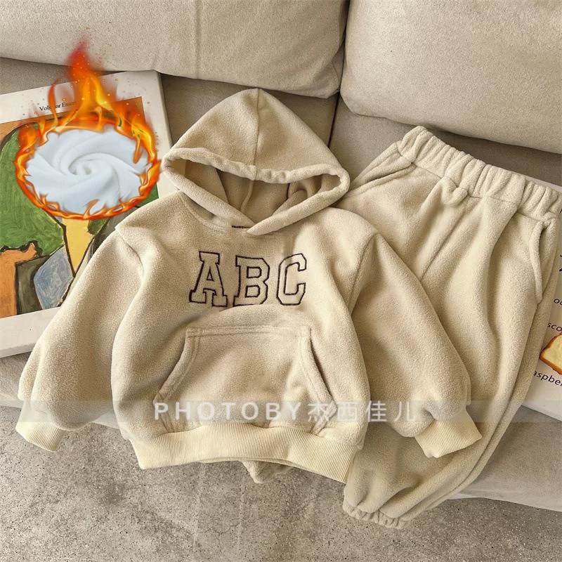 Комплекты с капюшоном для мальчиков и девочек, детские зимние утепленные теплые костюмы, детская повседневная одежда, плюшевые бархатные толстовки с капюшоном для малышей + штаны, комплект из 2 предметов