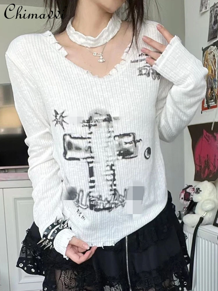 New 2024 Autumn New Punk Style Cool Girls Long-sleeved Knitted Sweater Retro Slim-fitting Thin V-neck Outerwear Pullover Tops
New 2024 Autumn New Punk Style Cool Girls Long-sleeved Knitted Sweater Retro Slim-fitting Thin V-neck Outerwear Pullover Tops