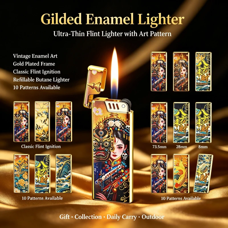 Double Sided Gilded Enamel Ultra Thin Flint Wheel Lighter Open Flame Metal Butane Refillable Collectible Smoking Accessory
Double Sided Gilded Enamel Ultra Thin Flint Wheel Lighter Open Flame Metal Butane Refillable Collectible Smoking Accessory