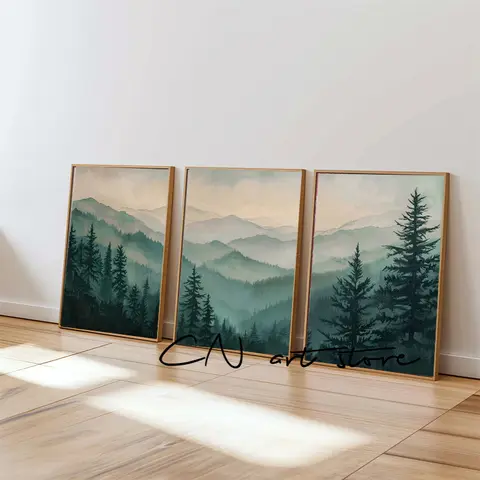 Watercolor Style Mist Mountain Forest Landscape Gallery Art Poster Canvas Painting Wall Print Picture for Living Room Home Decor
