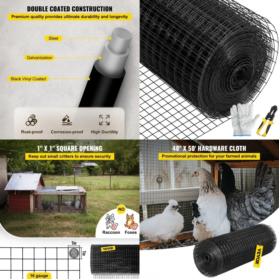 VEVOR Hardware Cloth 48" x 50' and 1"x1" Mesh Size Gaanized Steel Vinyl Coated 16 Gauge Chicken Wire Fencing w A Cutting Plier
VEVOR Hardware Cloth 48" x 50' and 1"x1" Mesh Size Gaanized Steel Vinyl Coated 16 Gauge Chicken Wire Fencing w A Cutting Plier