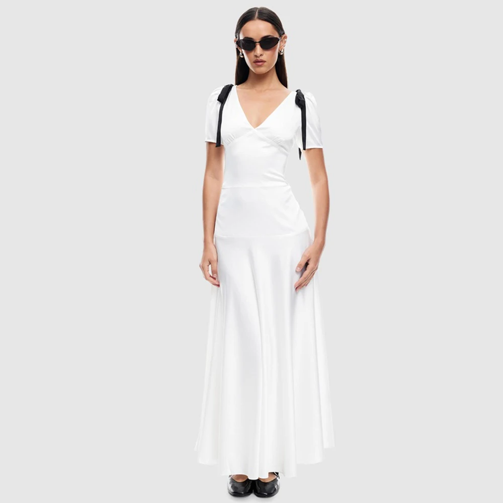 Medi Wedding Dress Simple Contrast Color Satin Bow Ruched Wedding Party A-line V-neck Midi Dresses Gowns 2024
Medi Wedding Dress Simple Contrast Color Satin Bow Ruched Wedding Party A-line V-neck Midi Dresses Gowns 2024