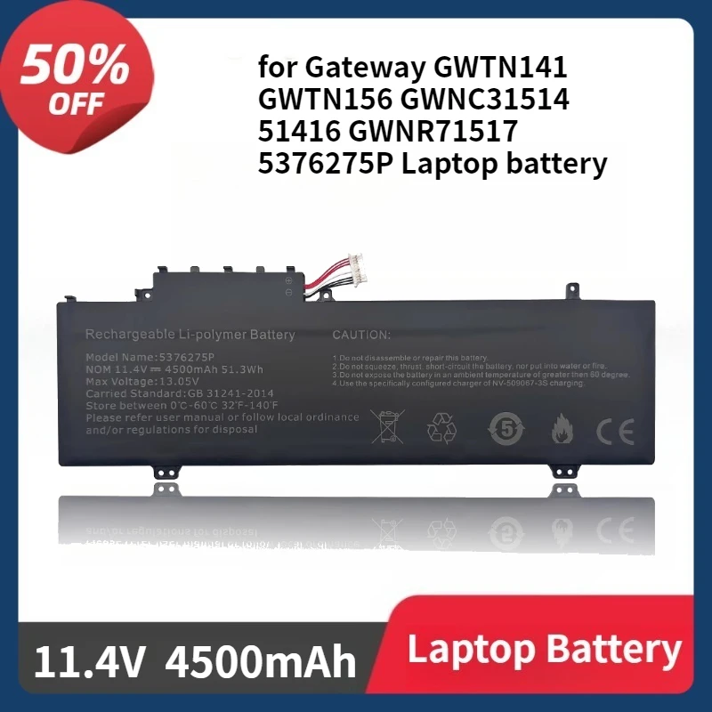 UTL-509068-3S Battery for Gateway GWTN141 GWTN156 GWNC31514 51416 GWNR71517 5376275P 11.4V 51.3Wh 4500mAh Laptop Battery
UTL-509068-3S Battery for Gateway GWTN141 GWTN156 GWNC31514 51416 GWNR71517 5376275P 11.4V 51.3Wh 4500mAh Laptop Battery