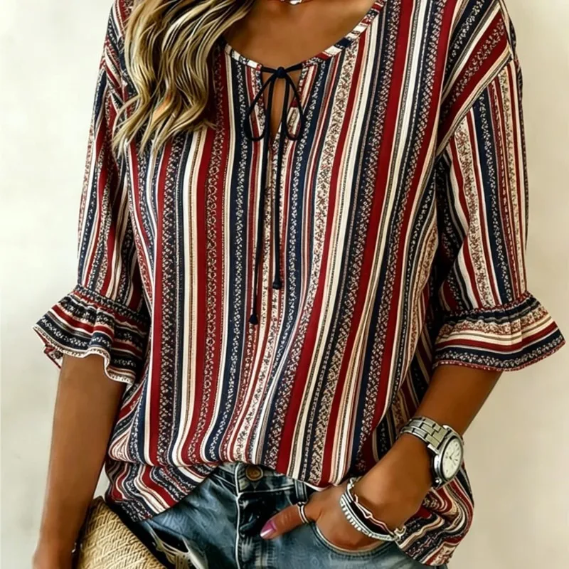 Women's Retro Red White Navy Striped Tie V Neck Ruffle Cuff 3/4 Sleeve Loose Ethnic Seaside Blouse
Women's Retro Red White Navy Striped Tie V Neck Ruffle Cuff 3/4 Sleeve Loose Ethnic Seaside Blouse