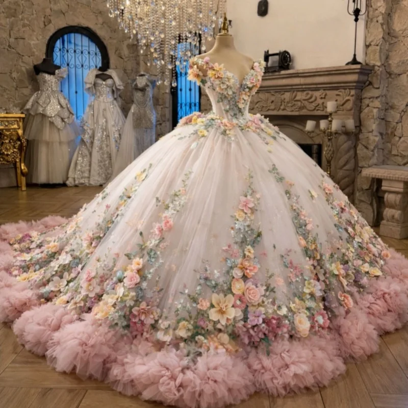 Light Color Quinceanera Dresses Off the Shoulder Glitter 3D Flower Lace Ruffles Decal Long tail Vestidoe 15 Quinceanera Customiz
Light Color Quinceanera Dresses Off the Shoulder Glitter 3D Flower Lace Ruffles Decal Long tail Vestidoe 15 Quinceanera Customiz