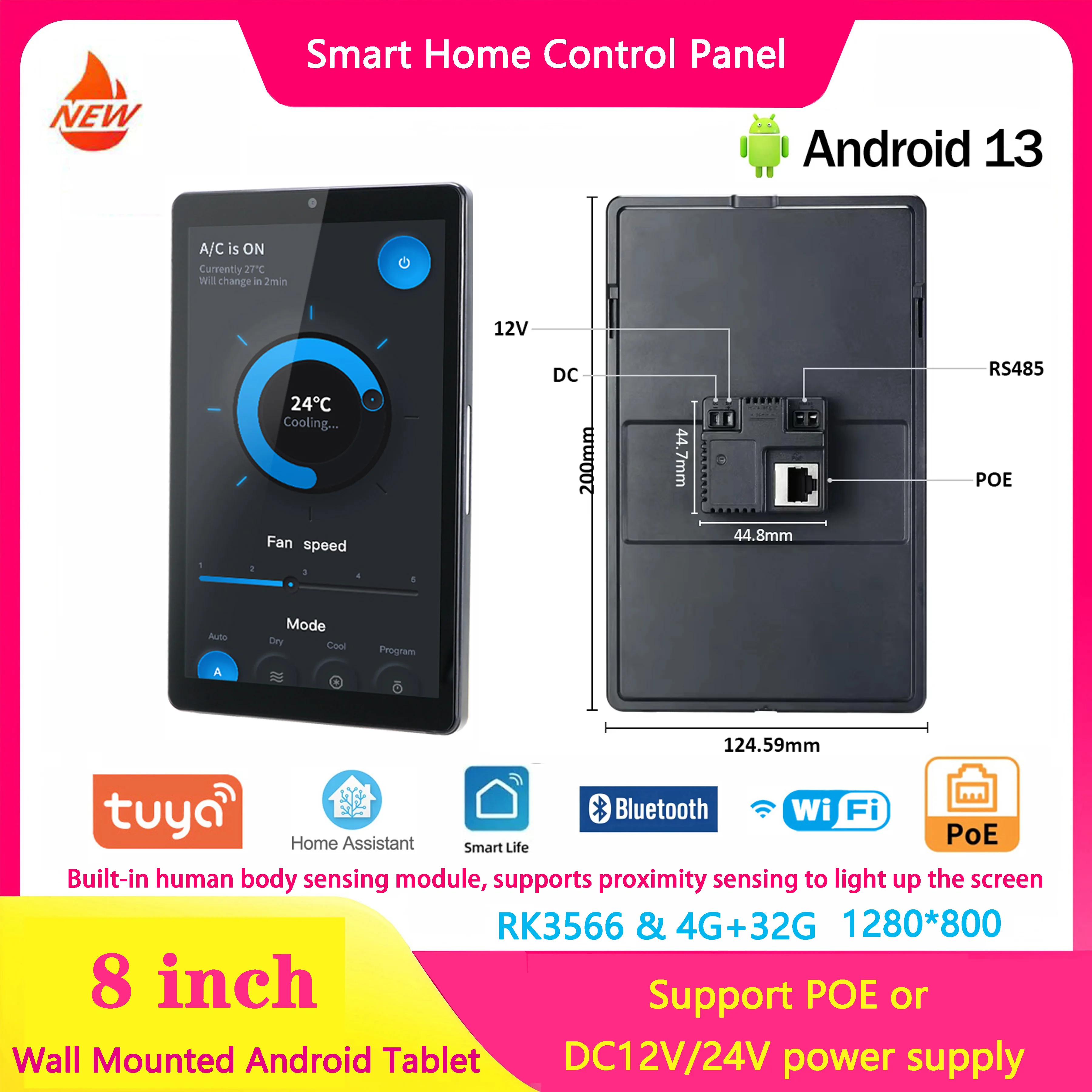 8-inch POE touch screen wall-mounted tablet computer smart home control panel Android 13OS built-in human body sensing module
8-inch POE touch screen wall-mounted tablet computer smart home control panel Android 13OS built-in human body sensing module
