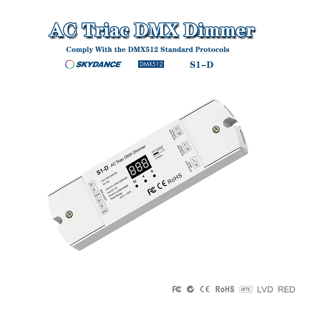 Skydance S1-D AC100V - 240V 288W 2CH Triac DMX LED Dimmer Dual channel output Silicon DMX512 Digital Display Led Controller
Skydance S1-D AC100V - 240V 288W 2CH Triac DMX LED Dimmer Dual channel output Silicon DMX512 Digital Display Led Controller