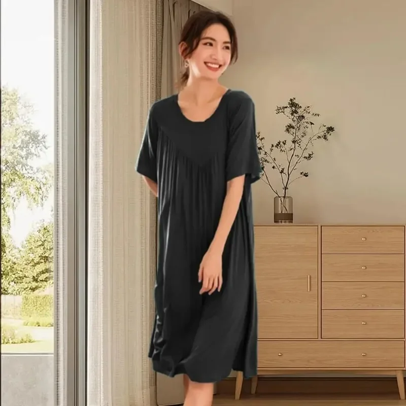 Women Night Dress Pleated Thin Short Sleeves Round Neck Loose Sleeping Solid Color Knee Length Sleepwear Home Dress Women
Women Night Dress Pleated Thin Short Sleeves Round Neck Loose Sleeping Solid Color Knee Length Sleepwear Home Dress Women