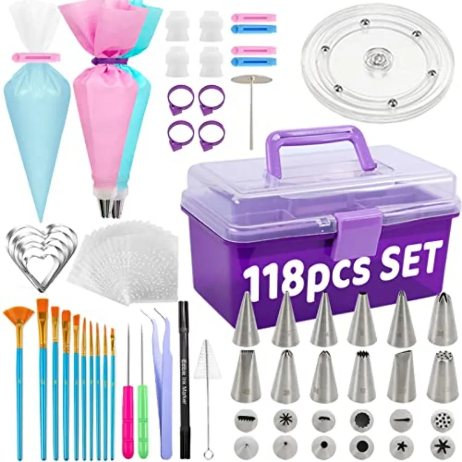 Cookie Decorating Kit 118pcs with Storage Case Royal Sugar Piping Bags and Tips Icing Supplies Set Turntable Scribe Decoration
Cookie Decorating Kit 118pcs with Storage Case Royal Sugar Piping Bags and Tips Icing Supplies Set Turntable Scribe Decoration