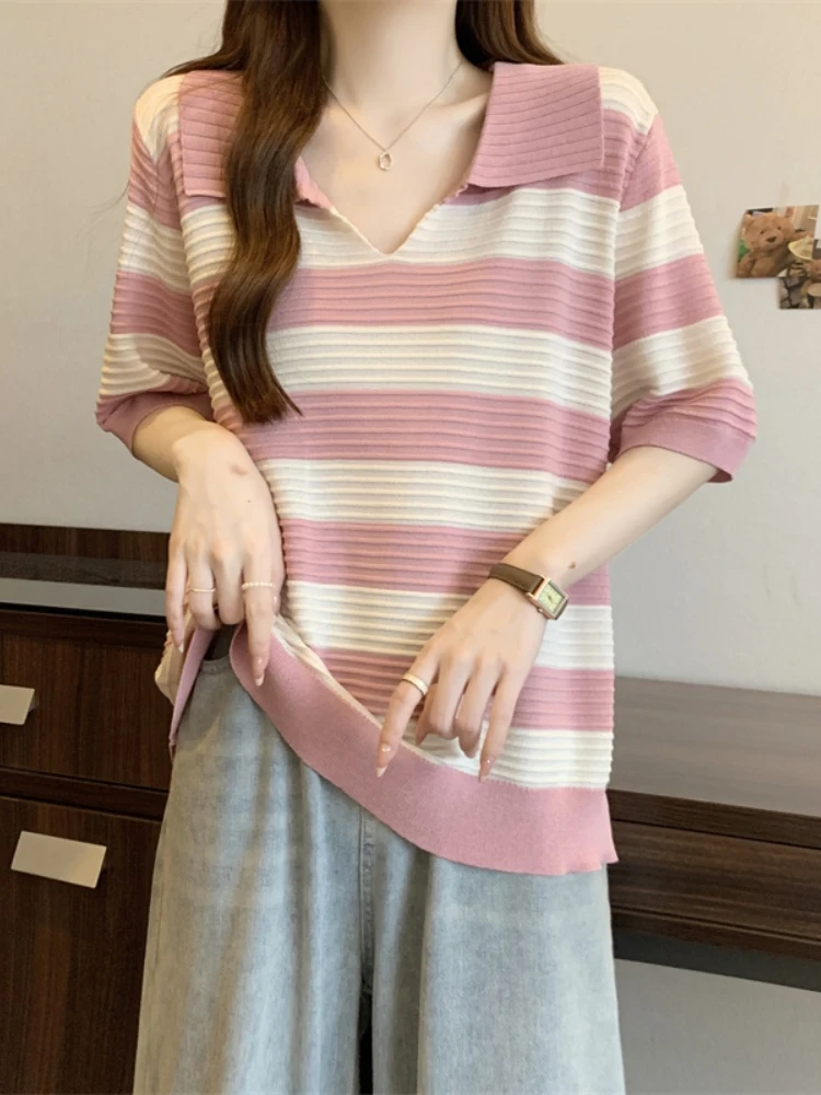 Slimming V-Neck Short Sleeve Ice Silk Knitted Shirt Women's plus Size Summer T-Shirt Cover Belly Striped Base Top
Slimming V-Neck Short Sleeve Ice Silk Knitted Shirt Women's plus Size Summer T-Shirt Cover Belly Striped Base Top