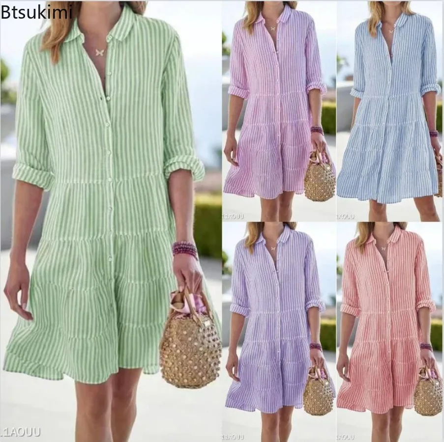 New 2024 Women's Stripe Buttons Cardigan Shirts Dress Long Sleeve Turn-down Collar Patchwork Dress Female Elegant Beach Vestidos
New 2024 Women's Stripe Buttons Cardigan Shirts Dress Long Sleeve Turn-down Collar Patchwork Dress Female Elegant Beach Vestidos