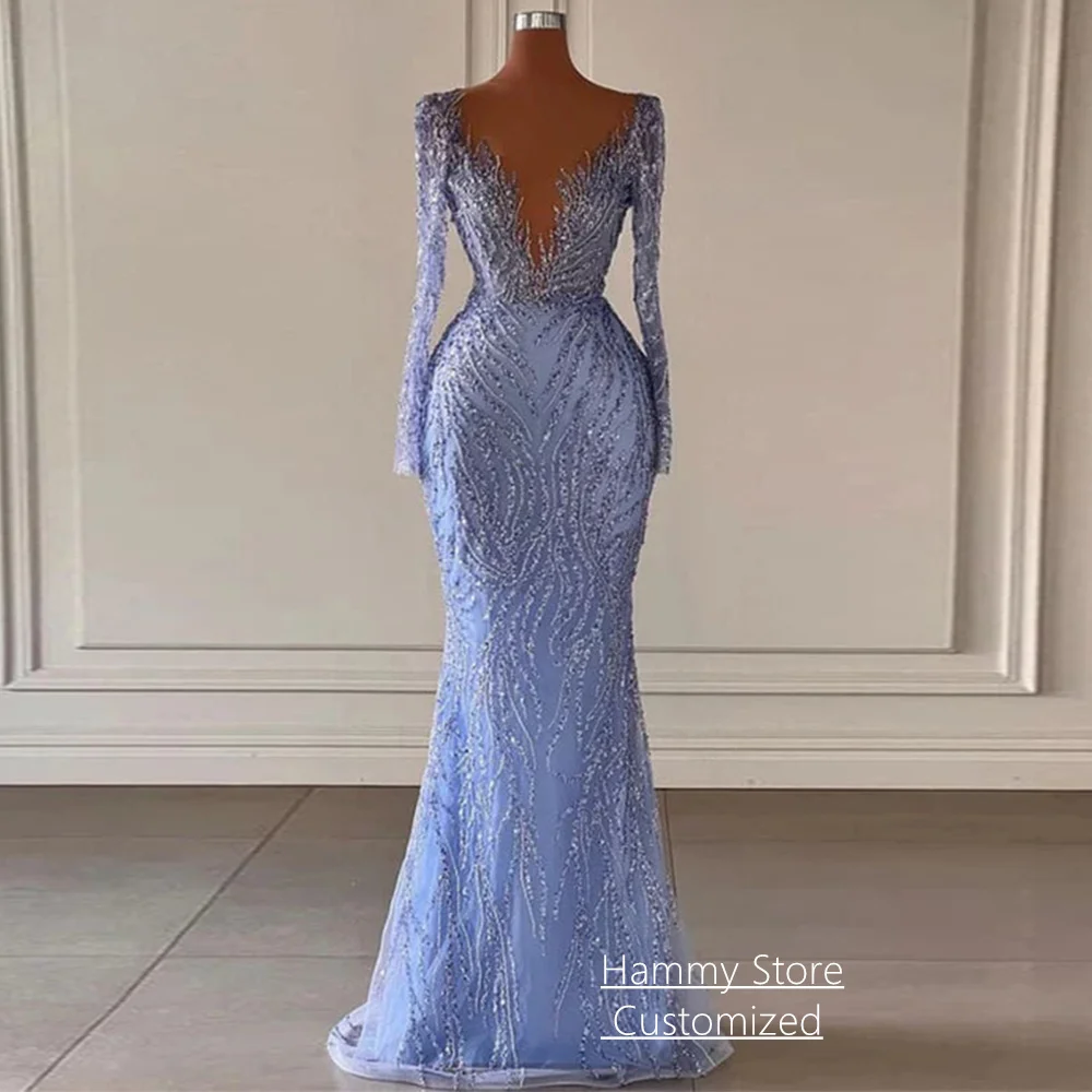 Sparkling Prom Dress Customized Sheer V Neck Long Sleeves Beading Sequined Sweep Train Mermaid Party Dresses for Lady
Sparkling Prom Dress Customized Sheer V Neck Long Sleeves Beading Sequined Sweep Train Mermaid Party Dresses for Lady