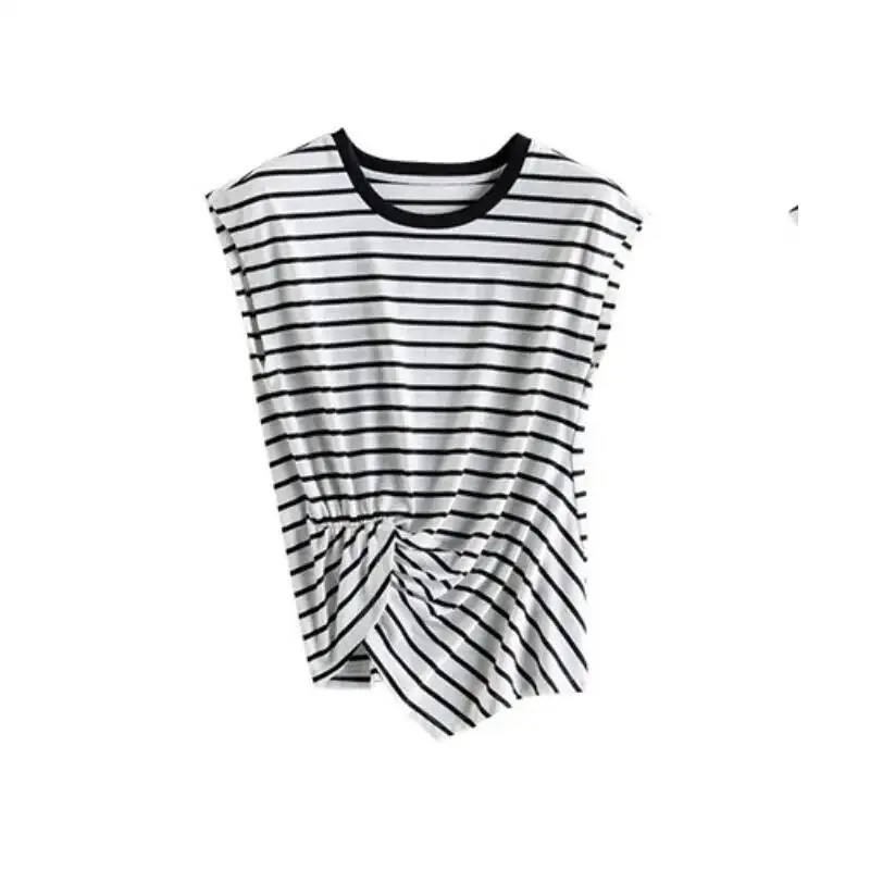 Striped Irregular Knot Sleeveless T-Shirt Summer Women Round Neck Loose Casual Cotton Tees
Striped Irregular Knot Sleeveless T-Shirt Summer Women Round Neck Loose Casual Cotton Tees