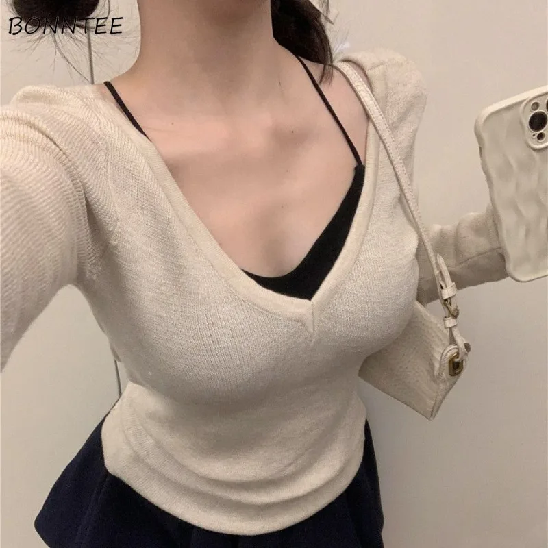 Chic T-shirts for Women Outwear Spring Long Sleeve V-neck Solid Simple Korean Style Fit Fashion Design All-match Soft Elegant
Chic T-shirts for Women Outwear Spring Long Sleeve V-neck Solid Simple Korean Style Fit Fashion Design All-match Soft Elegant