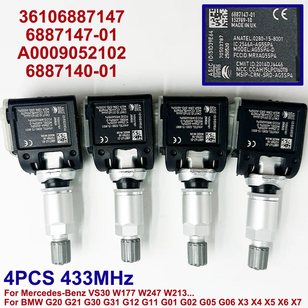 4PCS TPMS Tire Pressure Sensor 433MHz 6887147-01 36106887147 A0009052102 For Mercedes-Benz VS30 W177 W247 W213 BMW G30 G20 G31
4PCS TPMS Tire Pressure Sensor 433MHz 6887147-01 36106887147 A0009052102 For Mercedes-Benz VS30 W177 W247 W213 BMW G30 G20 G31