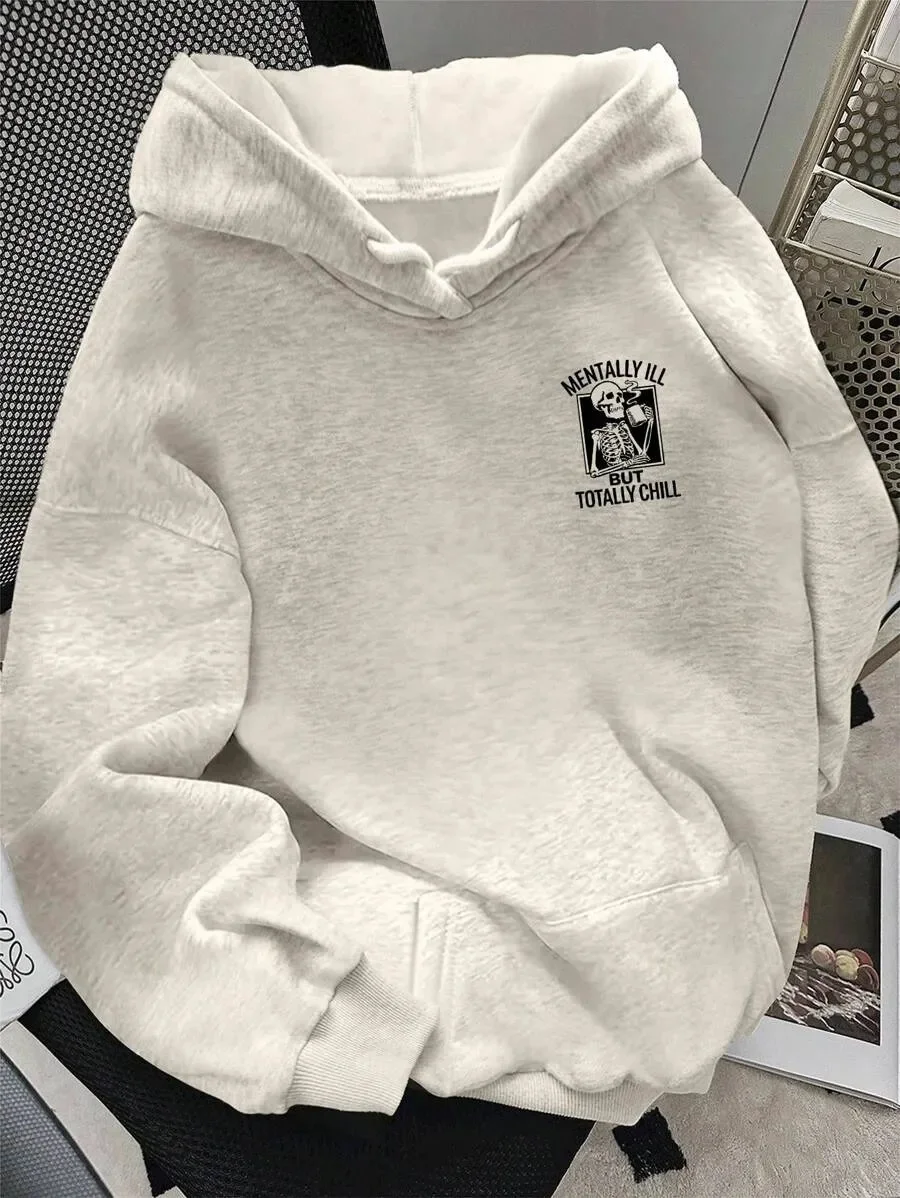 Cotton Hoodie with Edgy Skeleton Graphic and Sarcastic "MENTALLY ILL BUT TOTALLY CHILL" Text for Streetwear Fans
Cotton Hoodie with Edgy Skeleton Graphic and Sarcastic "MENTALLY ILL BUT TOTALLY CHILL" Text for Streetwear Fans