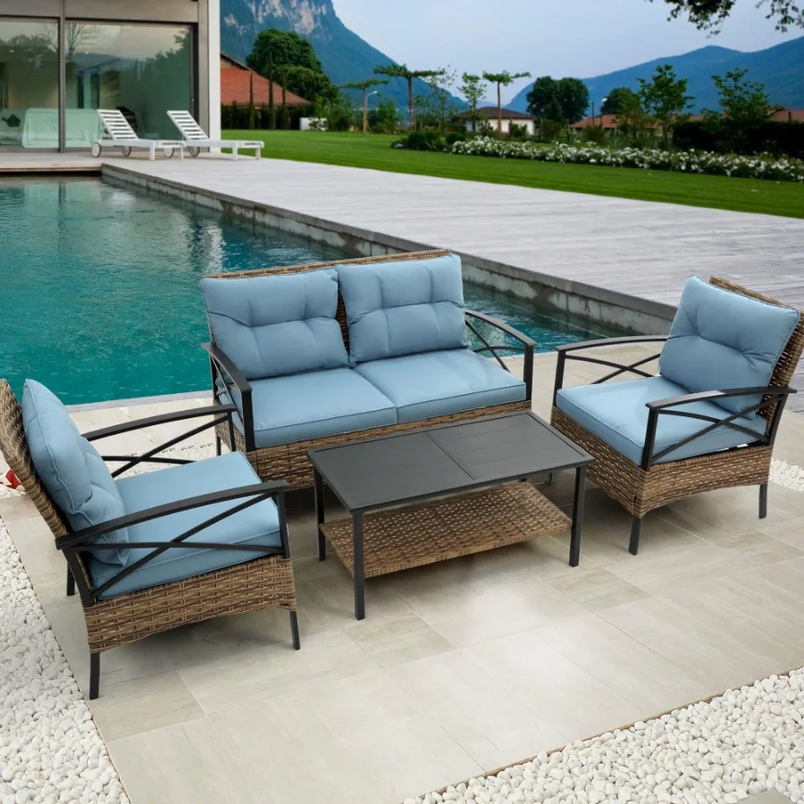 Patio 4 piece sectional low dining conversation sofa set KD rattan wicker outdoor garden furniture corner sofa set with cushion
Patio 4 piece sectional low dining conversation sofa set KD rattan wicker outdoor garden furniture corner sofa set with cushion