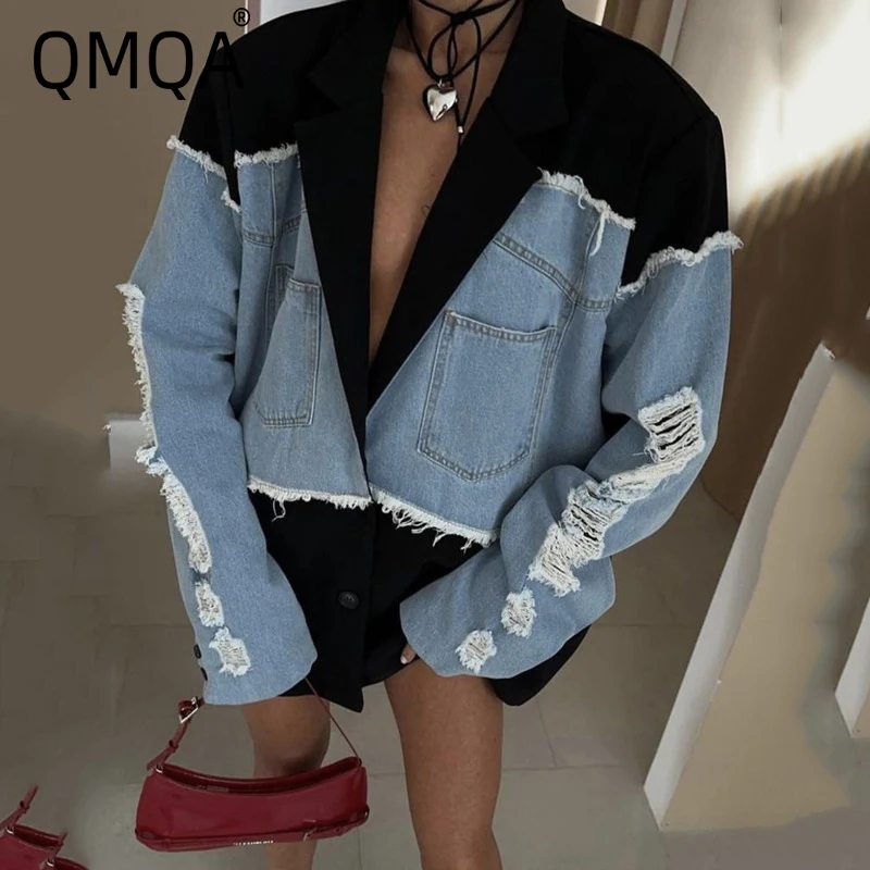 QMQA модный женский лоскутный джинсовый свободный пиджак с зубчатым воротником и длинными рукавами, повседневные пальто на пуговицах, женские новые QM462
QMQA модный женский лоскутный джинсовый свободный пиджак с зубчатым воротником и длинными рукавами, повседневные пальто на пуговицах, женские новые QM462