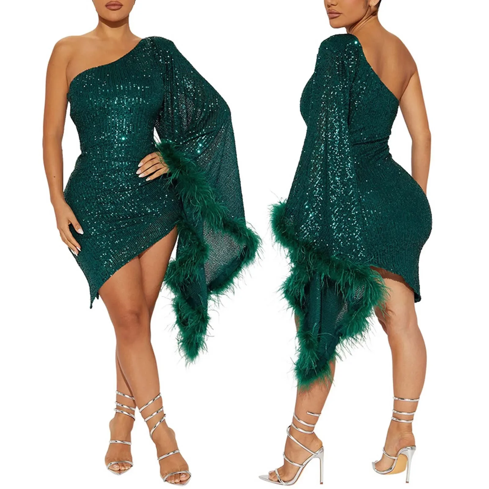 Women's Sexy Irregular One Shoulder Long Sleeve Sparkly Birthday Dress with Feather Sequin Birthday Luxury Party Dress Robe
Women's Sexy Irregular One Shoulder Long Sleeve Sparkly Birthday Dress with Feather Sequin Birthday Luxury Party Dress Robe
