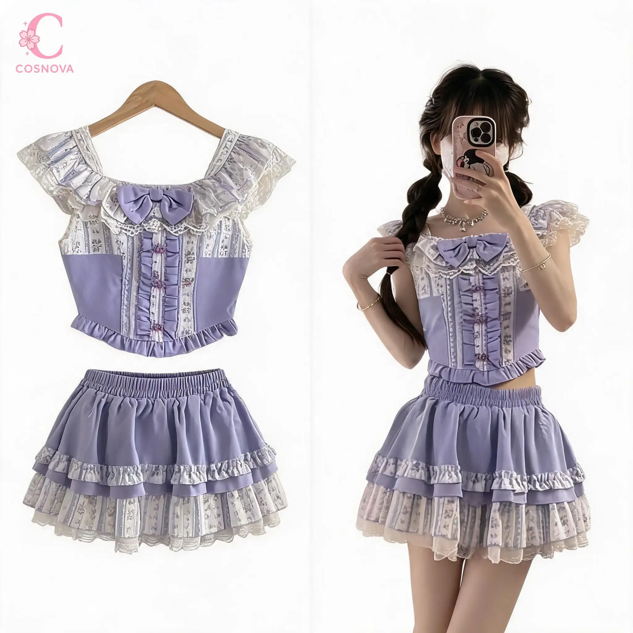 Sweet Lolita Purple High Waist Puff Sleeve Lace Floral Bow 2 Piece Set Women Crop Tops Cake Skirt Daily Korean Popular Clothes
Sweet Lolita Purple High Waist Puff Sleeve Lace Floral Bow 2 Piece Set Women Crop Tops Cake Skirt Daily Korean Popular Clothes