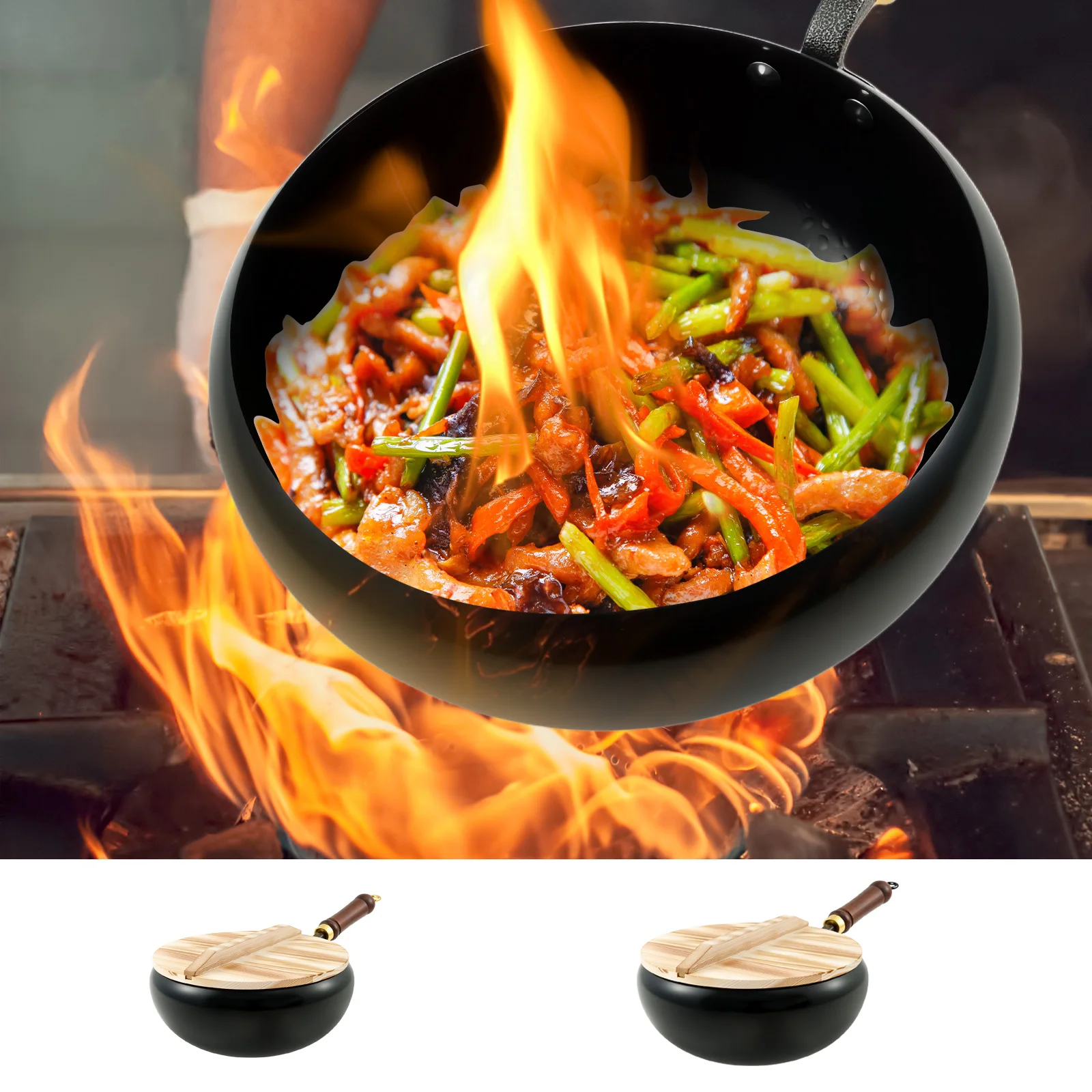 Uncoated Iron Pan with Wood Lid Iron Pan Without Coating w/ Heat Retention Function for Kitchen Various Culinary Styles Recipes 
Uncoated Iron Pan with Wood Lid Iron Pan Without Coating w/ Heat Retention Function for Kitchen Various Culinary Styles Recipes