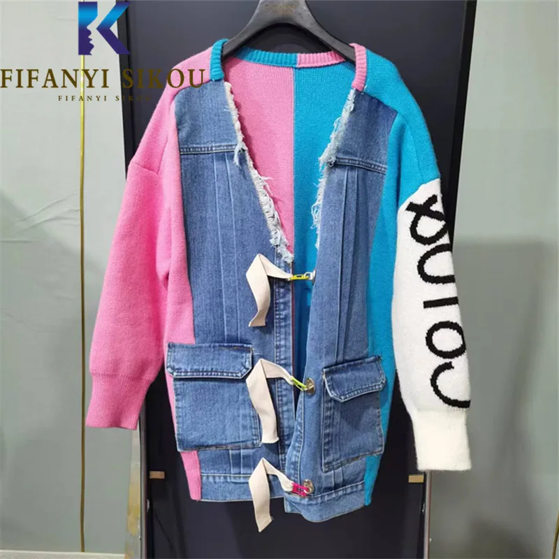 2022 Autumn Winter Cardigan Women Denim Spliced Knitted Sweater Jacket Big Pocket V-Neck Fashion Loose Sweaters Knit Coat Female
2022 Autumn Winter Cardigan Women Denim Spliced Knitted Sweater Jacket Big Pocket V-Neck Fashion Loose Sweaters Knit Coat Female