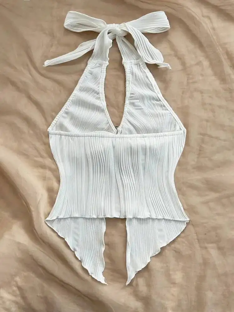 Сексуальный укороченный топ с v-образным вырезом и бретелькой на шее для женщин, летний однотонный топ без рукавов с разрезом и открытой спиной Y K, одежда
Сексуальный укороченный топ с v-образным вырезом и бретелькой на шее для женщин, летний однотонный топ без рукавов с разрезом и открытой спиной Y K, одежда