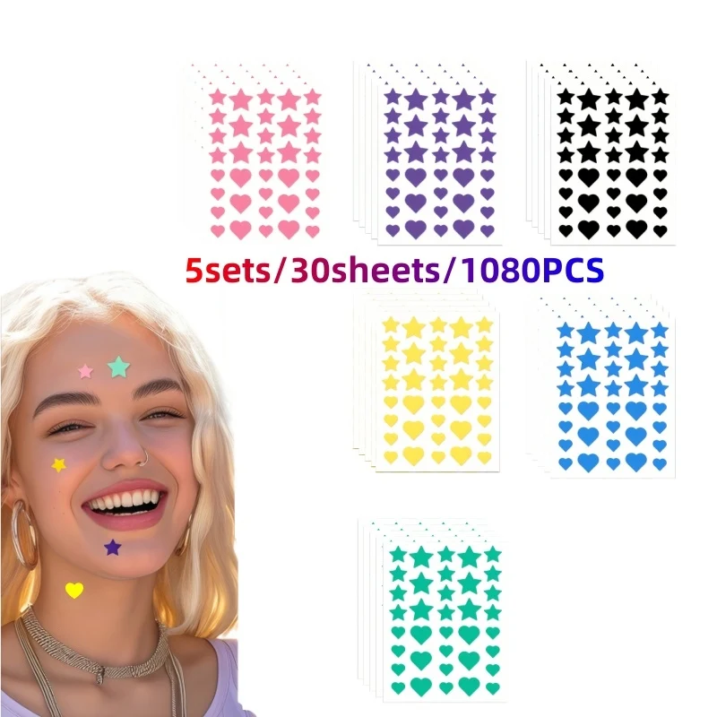 1080PCS Cute Star Heart Acne Stickers 6 Colors Large Pack Hydrocolloid Zit Patches Daily Facial Beauty Skin Care Tools
1080PCS Cute Star Heart Acne Stickers 6 Colors Large Pack Hydrocolloid Zit Patches Daily Facial Beauty Skin Care Tools