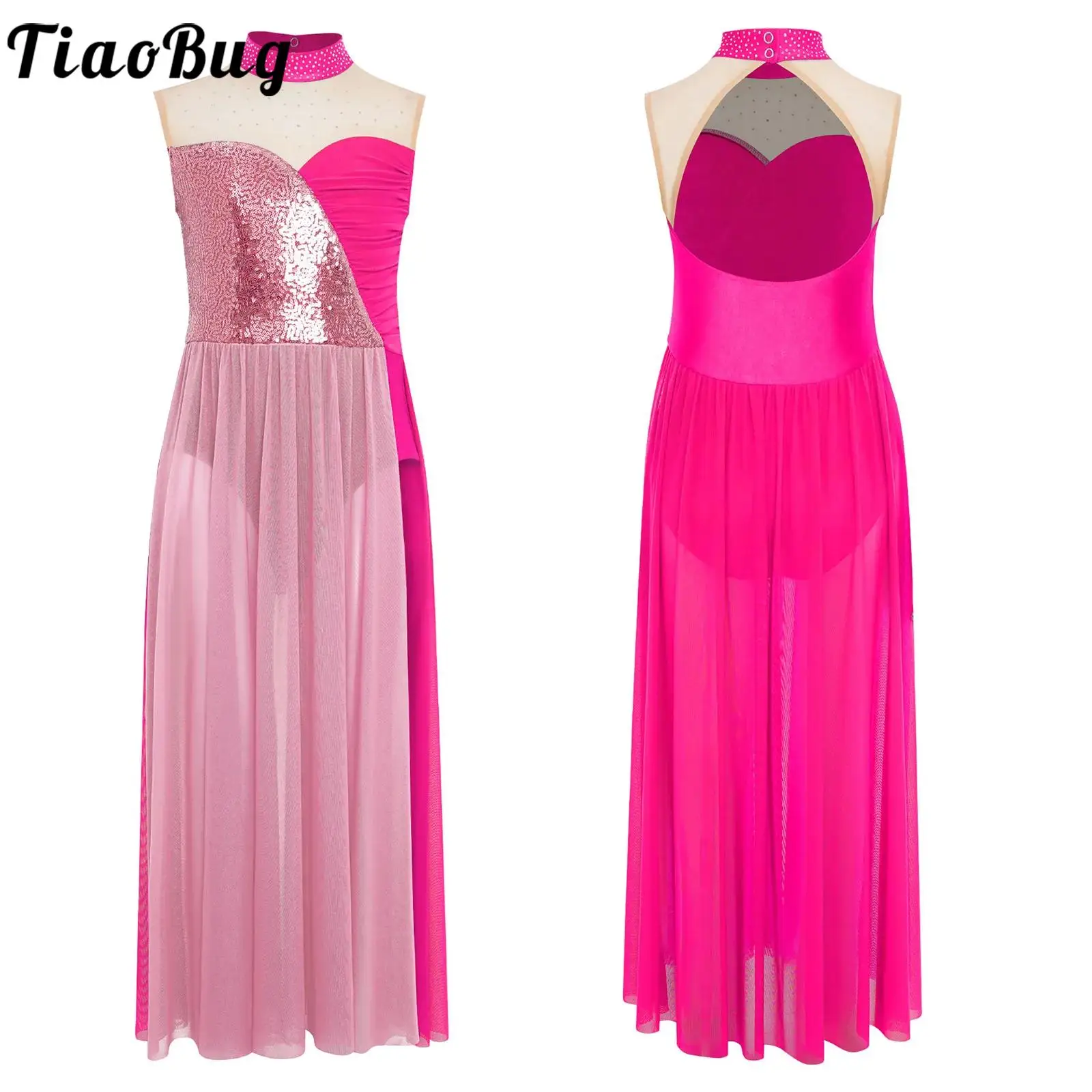 Girls Lyrical Dance Dress Sleeveless Cutout Back Sparkly Sequins Bodice Color Block Side Split Mesh Dress Contemporary Dancewear
Girls Lyrical Dance Dress Sleeveless Cutout Back Sparkly Sequins Bodice Color Block Side Split Mesh Dress Contemporary Dancewear