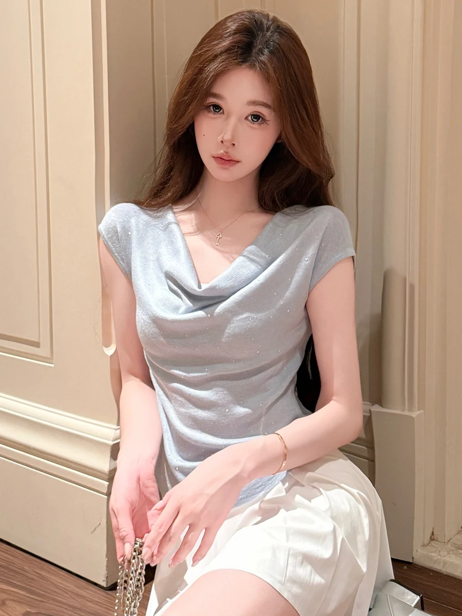 Sexy Knitted Short Sleeve T-Shirt Women's Pure Desire Diamond Embellished Waist-Cinching Base Layer Top Summer Fashion
Sexy Knitted Short Sleeve T-Shirt Women's Pure Desire Diamond Embellished Waist-Cinching Base Layer Top Summer Fashion