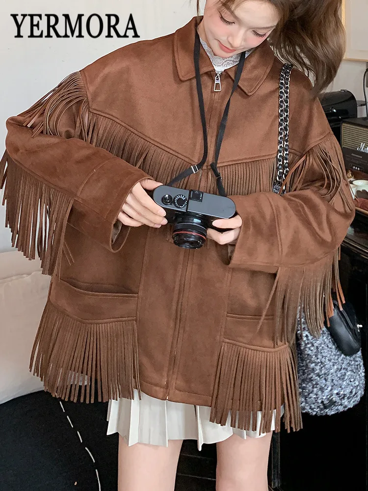 YERMORA Brown Suede Tassel Pocket Vintage Jacket For Women Lapel Long Sleeve Loose New Coat Fashion Tide Spring Autumn 2025
YERMORA Brown Suede Tassel Pocket Vintage Jacket For Women Lapel Long Sleeve Loose New Coat Fashion Tide Spring Autumn 2025