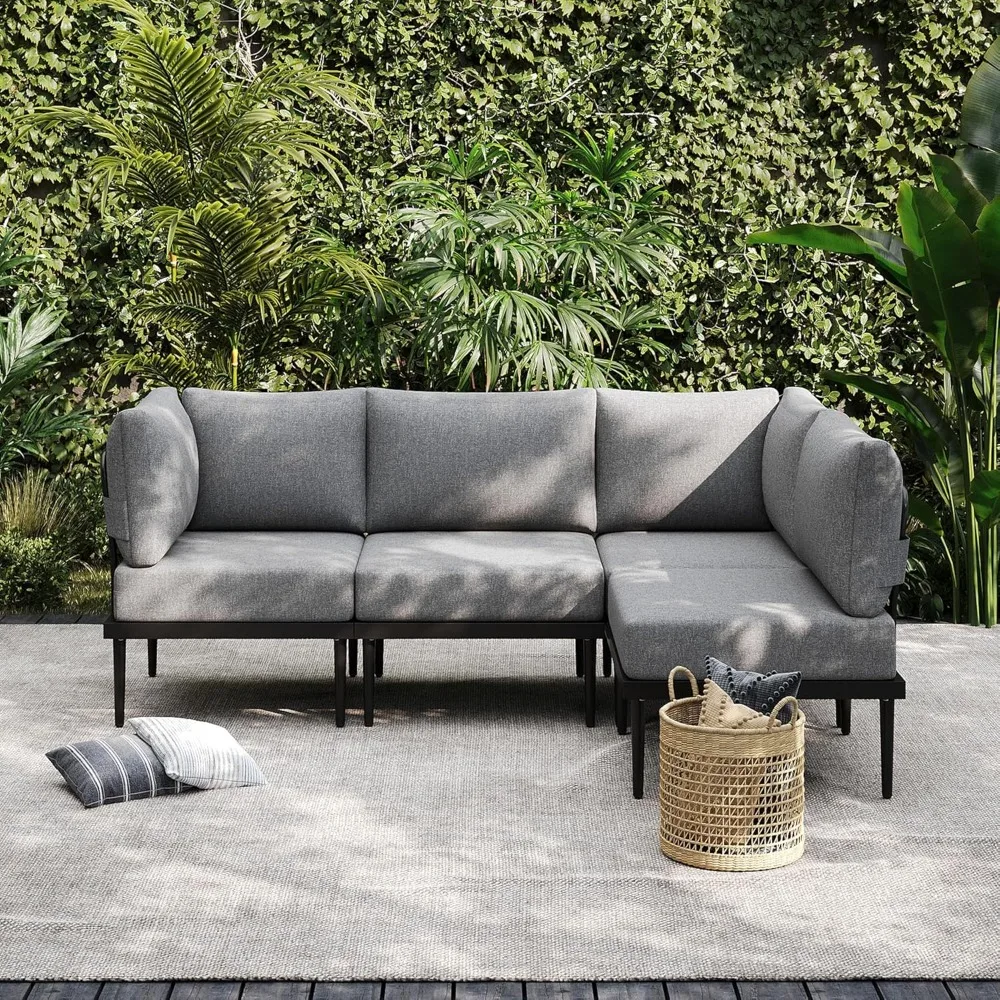 4 Pieces Metal Patio Furniture Set, Outdoor Sectional Sofa w/6 Inch Olefin Cushion, Modern Outdoor Conversation Sets
4 Pieces Metal Patio Furniture Set, Outdoor Sectional Sofa w/6 Inch Olefin Cushion, Modern Outdoor Conversation Sets