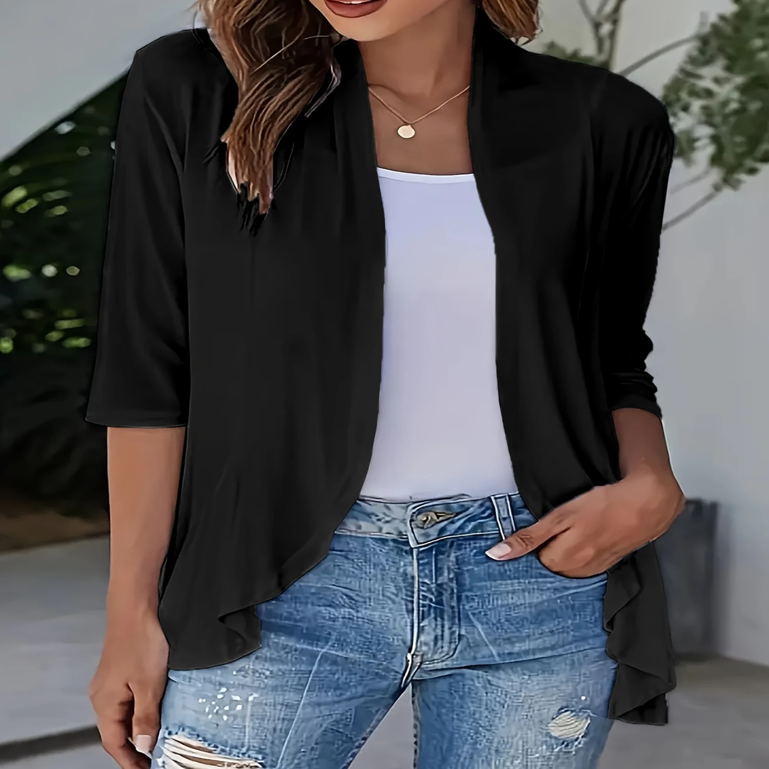 Elegant Floral Print Open Front Cardigan with Ruffle Hem, Casual Chic Micro Elastic Knit for All Seasons – Women's Essential
Elegant Floral Print Open Front Cardigan with Ruffle Hem, Casual Chic Micro Elastic Knit for All Seasons – Women's Essential