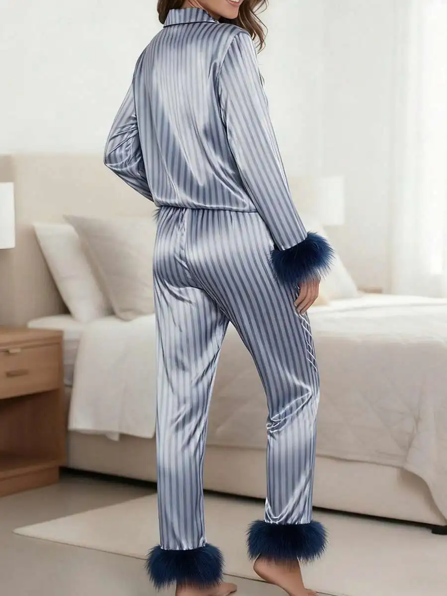 Women Striped Satin Pajama Set Long Sleeve Button Down Top Elastic Wide Leg Pants With Fur Cuffs
Women Striped Satin Pajama Set Long Sleeve Button Down Top Elastic Wide Leg Pants With Fur Cuffs