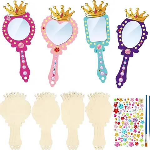 12pcs Wooden Hand Mirror Craft for Kids – Decorate Your Own Princess Mirrors, DIY Paint Kit, Birthday Gift & Party Supplies