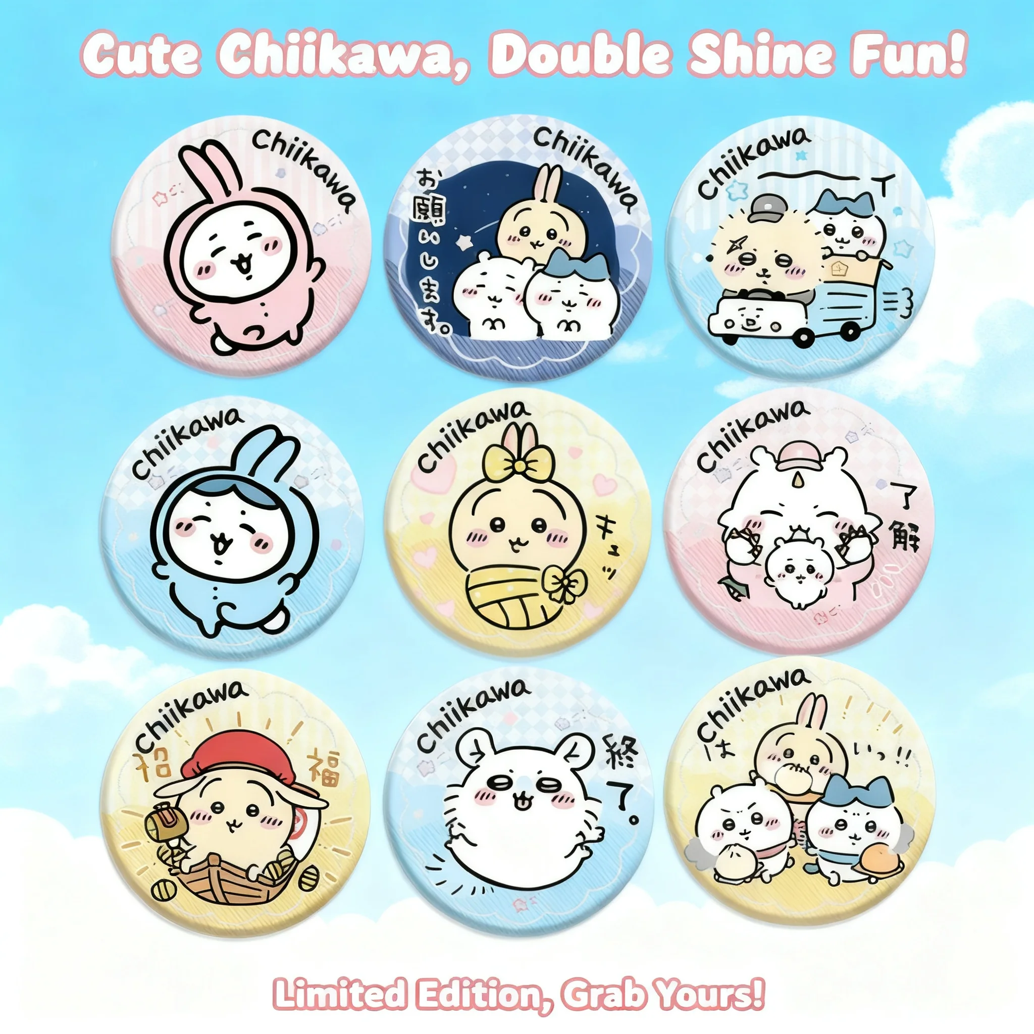 Коллекция аксессуаров для косплея Chiikawa Anime Manga: Новинка! Милые значки с двойным эффектом мерцания (75 мм, 58 мм), жестяные, для фанатов.
Коллекция аксессуаров для косплея Chiikawa Anime Manga: Новинка! Милые значки с двойным эффектом мерцания (75 мм, 58 мм), жестяные, для фанатов.