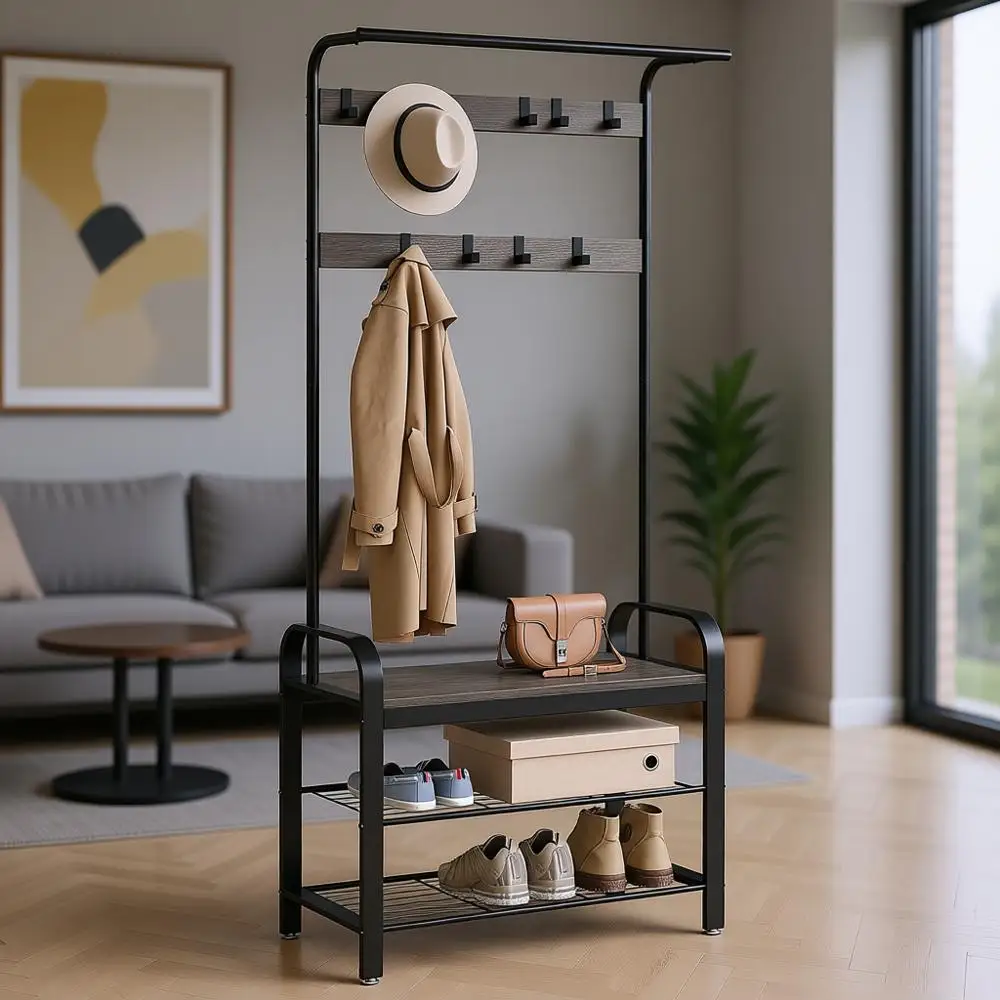 4-in-1 Entryway Bench with Coat Rack, Shoe Storage, 9 Hooks, Hanging Rod, Charcoal Gray and Black, 13.3x28.3x72.1
4-in-1 Entryway Bench with Coat Rack, Shoe Storage, 9 Hooks, Hanging Rod, Charcoal Gray and Black, 13.3x28.3x72.1