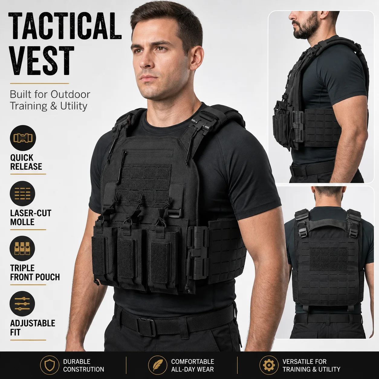 Wear-resistant quick-release laser-cut molle system outdoor hunting training tactical vest made of nylon material
Wear-resistant quick-release laser-cut molle system outdoor hunting training tactical vest made of nylon material